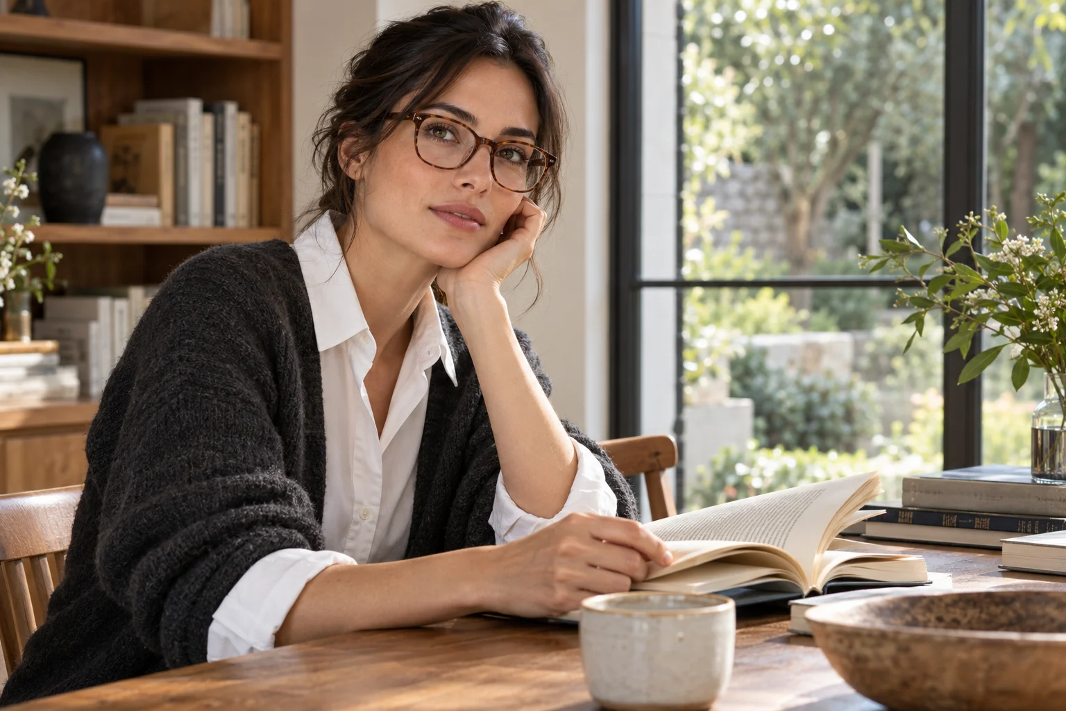 Woman wearing clear-lens prescription glasses in a bright reading room